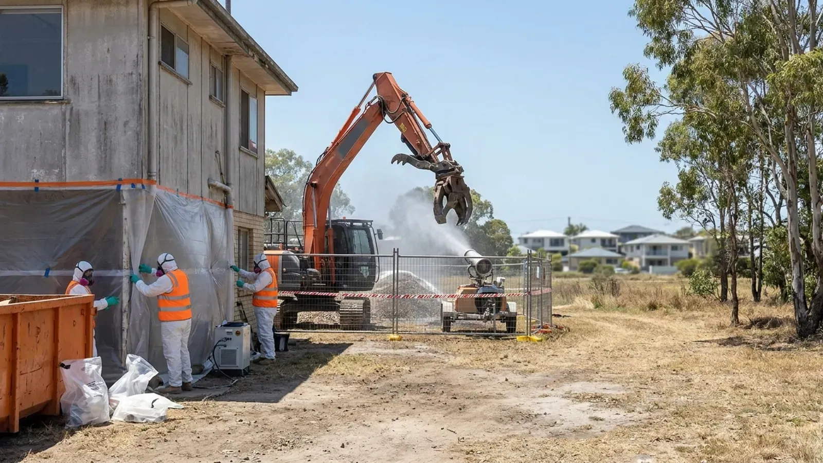 Illustrative asbestos & demolition scene in a Gold Coast-style setting