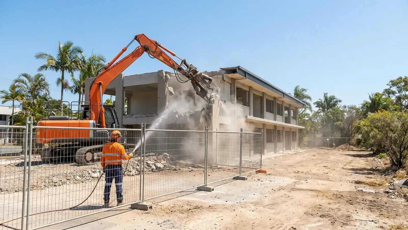 Illustrative commercial demolition scene in a Gold Coast-style setting