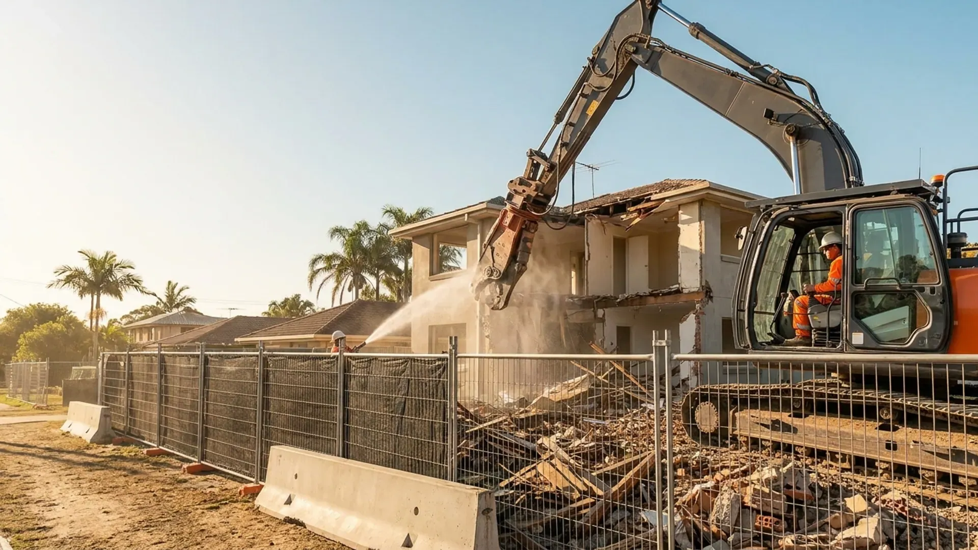 Illustrative excavator carrying out controlled demolition on a Gold Coast-style residential site