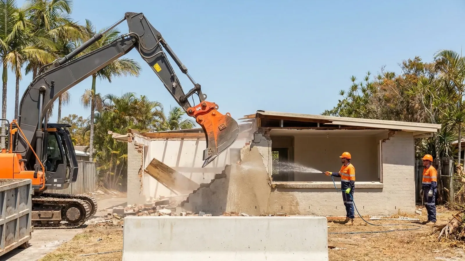 Illustrative house demolition scene in a Gold Coast-style setting
