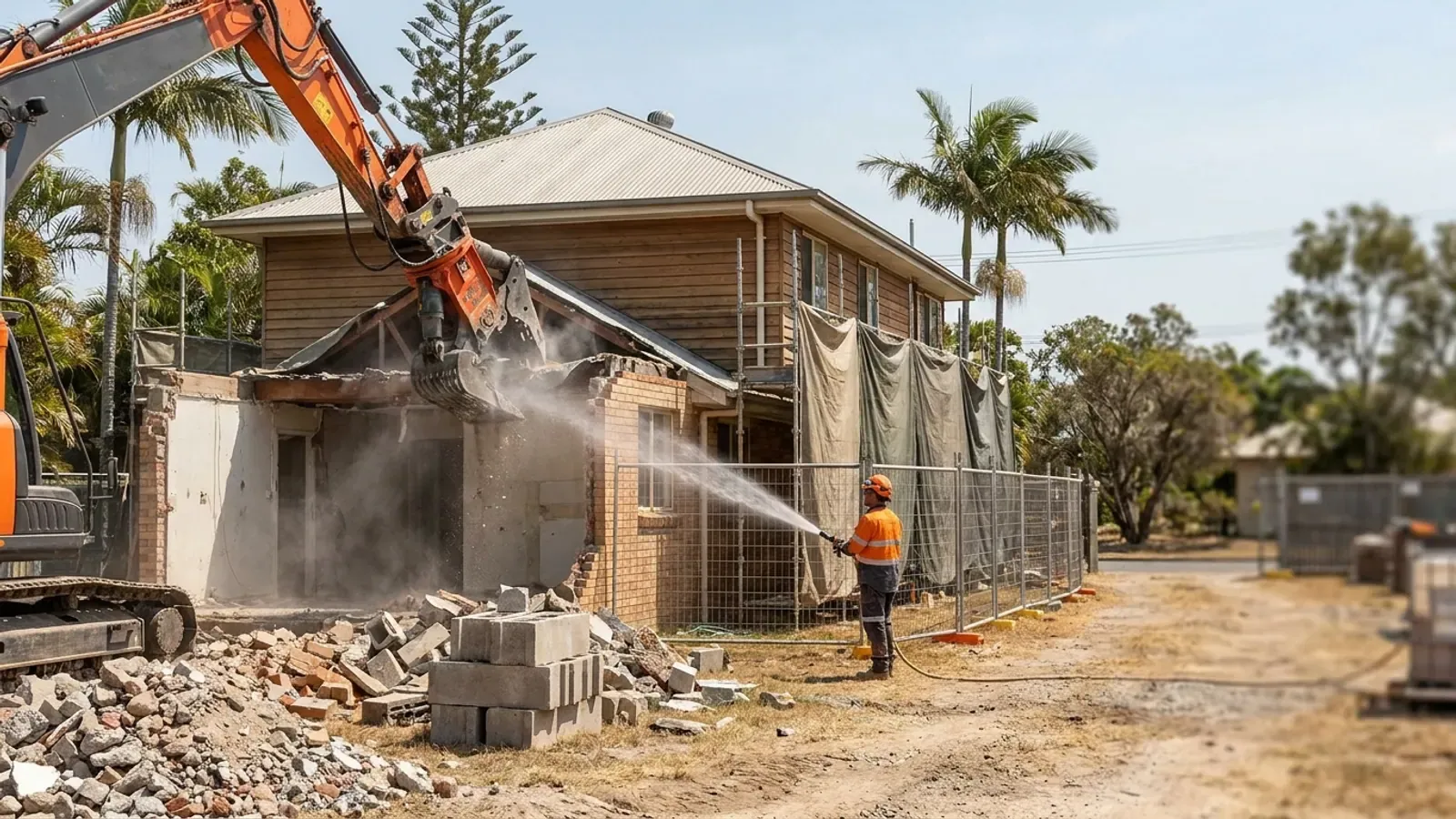 Illustrative partial demolition scene in a Gold Coast-style setting
