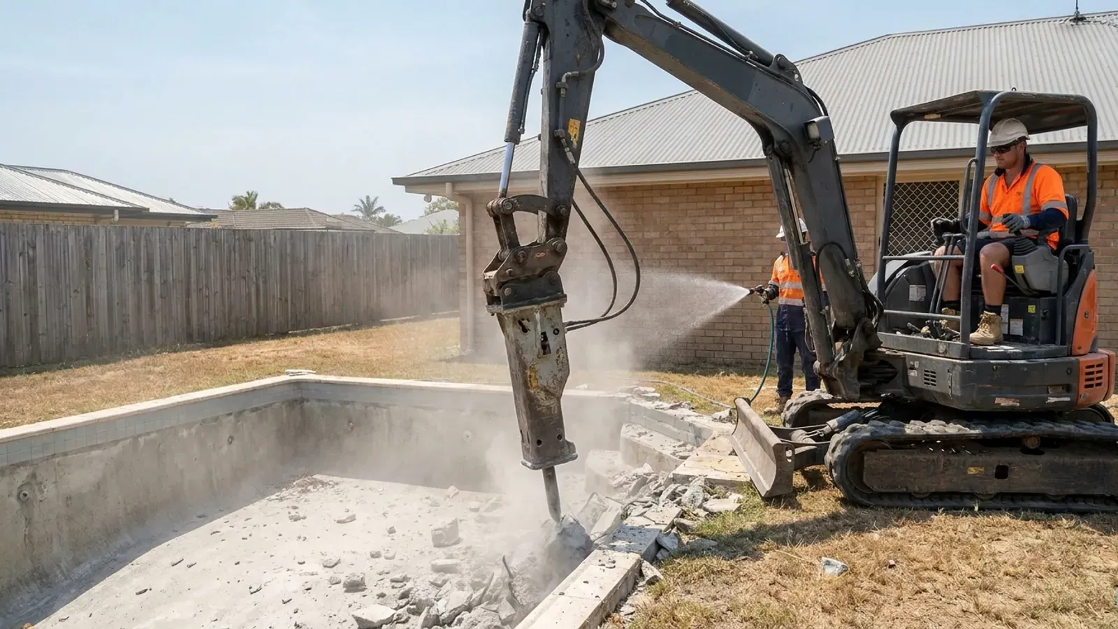 Illustrative pool demolition scene in a Gold Coast-style setting